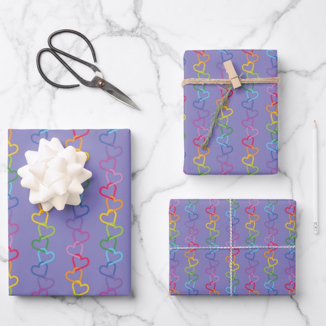 Verbundene Liebe Herz auf lila Hintergrund Geschenkpapier Set (Vorderseite)
