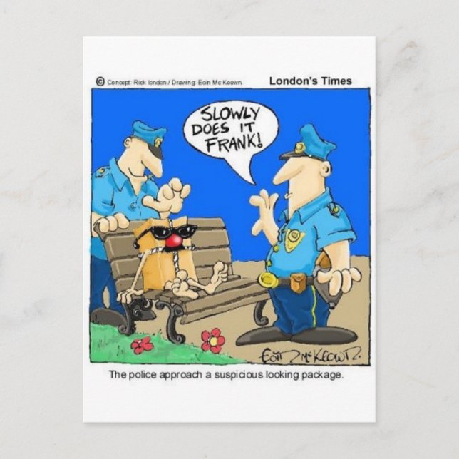 Verdächtiges Paket Funny Police Cartoon Geschenke Postkarte (Vorderseite)
