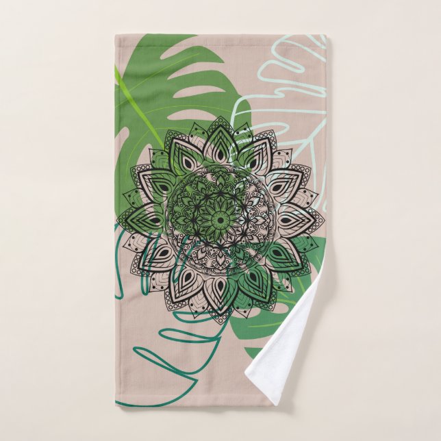 Verdant Embrace: Mandala and Leaf Design Badhandtuch Set (Handtuch)