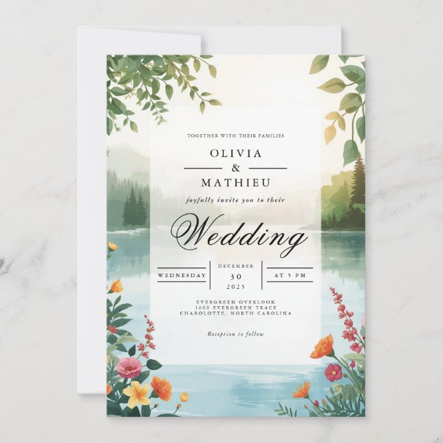Verdant Lakeside Romance Wedding Einladung (Vorderseite)