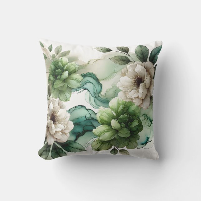 "Verdant Serenity: Abstrakt grüne Blumenkunst" Kissen (Vorderseite)