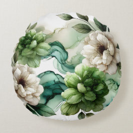 "Verdant Serenity: Abstrakt grüne Blumenkunst" Rundes Kissen