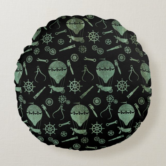 Verdigris Bronze Steampunk Balloon Theme Rundes Kissen (Vorderseite)