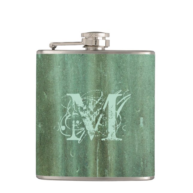 Verdigris-gewittertes Bronze-Look Monogramm Flachmann (Vorderseite)