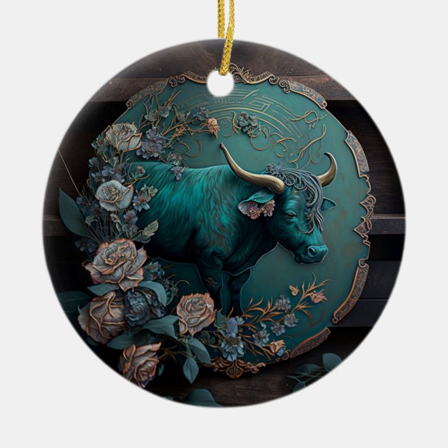 Verdigris Zodiac Taurus Metal Art Keramik Ornament (Vorne)