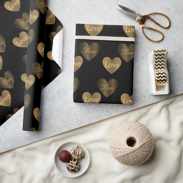 Verdoppeln Sie die goldenen Lieben auf Schwarz Geschenkpapier (Kunsthandwerk)