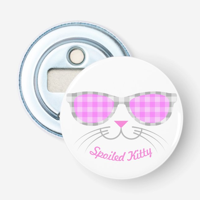 Verdorbenes Miezekatze-Katzen-Gesicht in den rosa Flaschenöffner (Vorderseite)