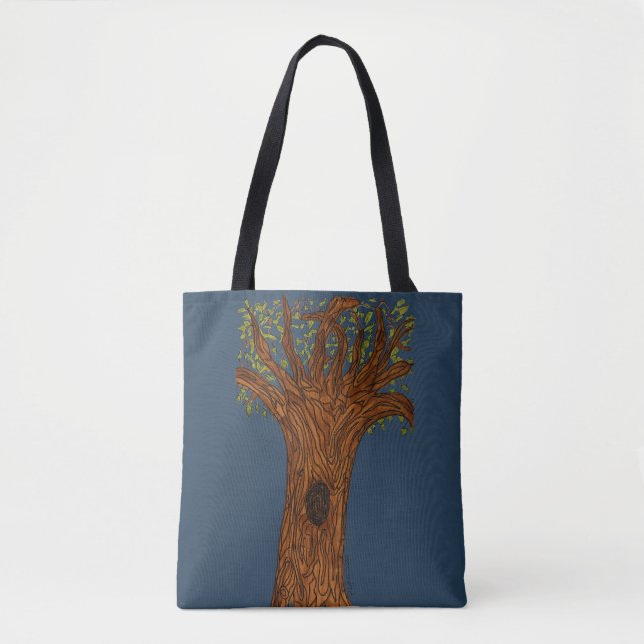 Verdrehter Baum mit blauem Hintergrund Tasche (Vorderseite)