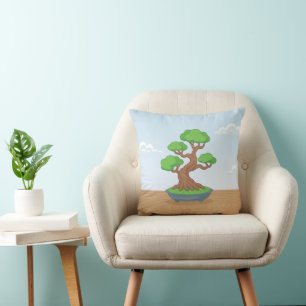 Verdrehter japanischer Bonsai-Baum auf dem Tisch Kissen