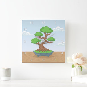 Verdrehter japanischer Bonsai-Baum auf dem Tisch Quadratische Wanduhr
