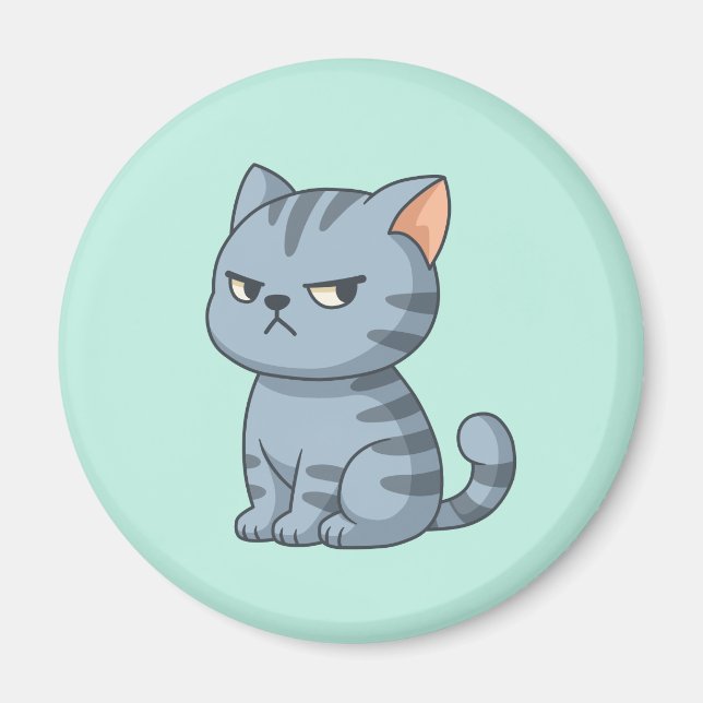 Verdrießliche Graue Getigerte Katze auf Grün Magnet (Vorne)