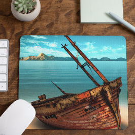 Verdünntes Boot an einem verschollenen Sandstrand Mousepad