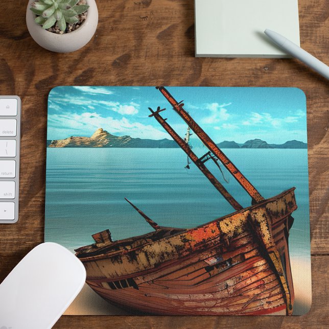 Verdünntes Boot an einem verschollenen Sandstrand Mousepad (Von Creator hochgeladen)