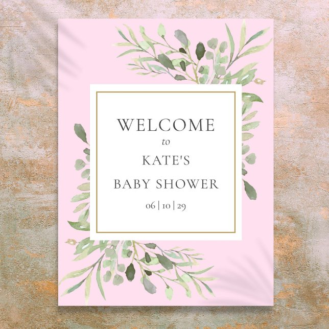 Verdure Aquarelle bébé fille douche Affiche de bie (Greenery Watercolor Baby Girl Shower Welcome Sign)