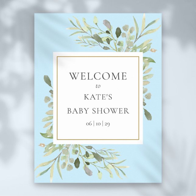 Verdure Aquarelle bébé garçon douche Affiche de bi (Greenery Watercolor Baby Boy Shower Welcome Sign)