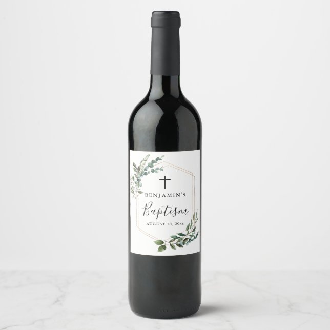 Verdure Feuillage Or Croix Baptême Étiquette de vi (Devant)