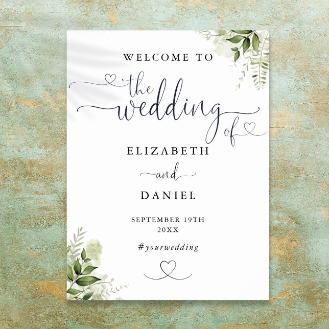Verdure Floral Heart Script Mariage Affiche de bie (Greenery Floral Heart Script Wedding Welcome Sign)