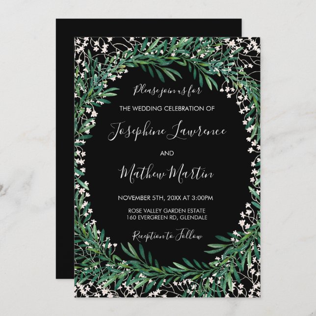 Verdure & Florets Black Wedding Invitations (Devant / Derrière)