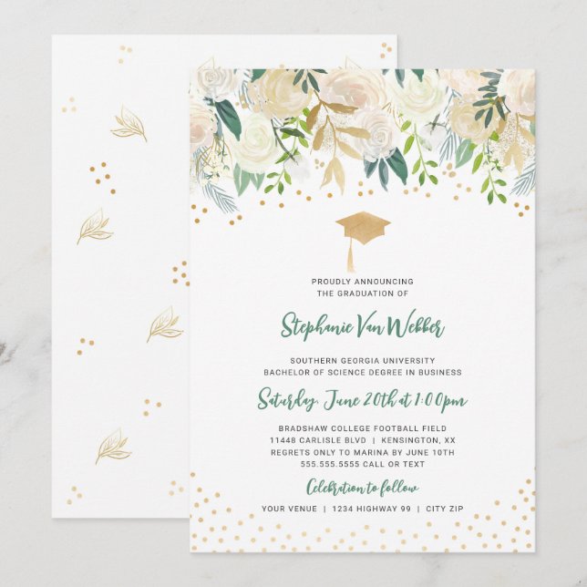 Verdure + Gold Confetti graduation INVITATION (Devant / Derrière)
