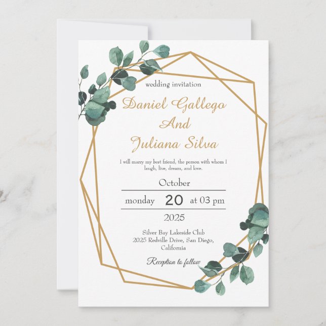 Verdure Gold Frame Faire-part de mariage géométriq (Devant)