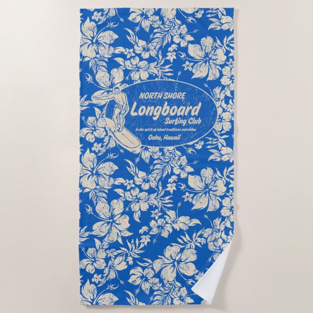 Verein, der Longboard Logo-Hibiskus-Aloha Blau Strandtuch (Vorderseite)