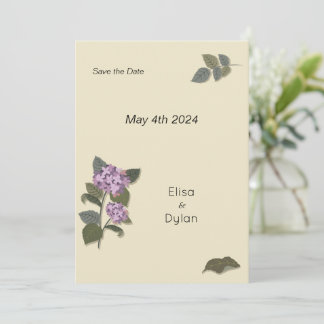 Vereinfachte Lila Blume mit grünen Blätter Save The Date