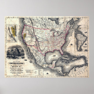 VEREINIGTE STAATEN KALIFORNIEN GOLD RUSH MAP 1849 POSTER