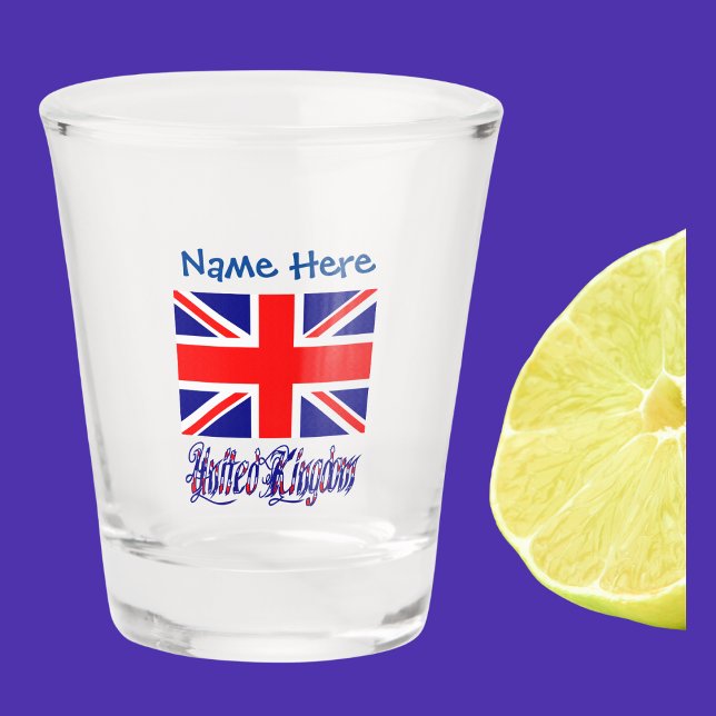 Vereinigtes Königreich Britische Flagge Blauer Per Schnapsglas (Shot glass has the British flag with words UNITED KINGDOM below in flag colors. Add a name above.)