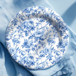 Verfeinerte blaue französische Toile-Rosen Blumen- Pappteller