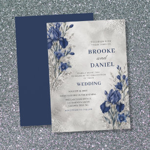 Verfeinerte Navy-Iris-Freesie-Silber-Glitter-Hochz Einladung
