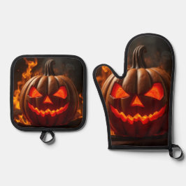 Verfluchtes Jack-O-Lantern-Höllenfeuer-Ofenhandsch Ofenhandschuh & Topflappen-Set