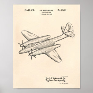 Verfolgungsflugzeug 1942 Patentkunst Altes Papier Poster