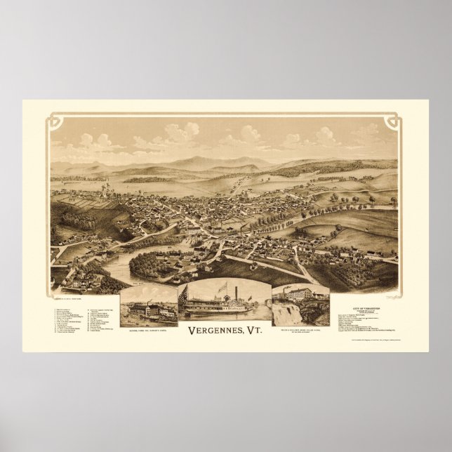 Vergennes, VT Panorama Karte - 1890 Poster (Vorne)