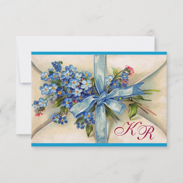 VERGESSEN MICH NOTS MONOGRAM WEDD RSVP blau silber Karte (Vorderseite)
