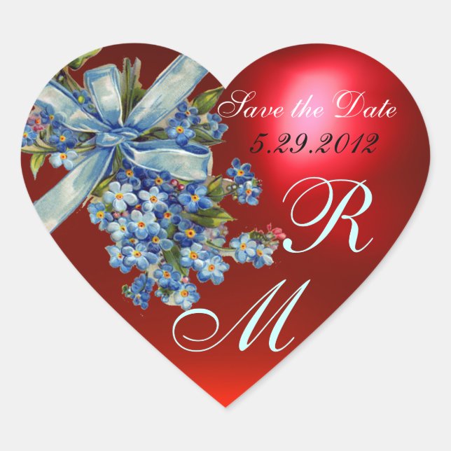 VERGESSEN MICH NOTS MONOGRAM , WEDEDING PARTY blau Herz-Aufkleber (Vorderseite)
