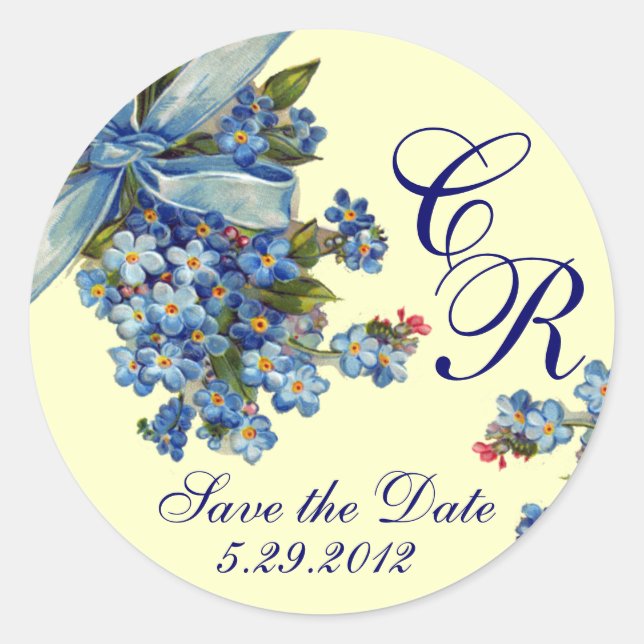 VERGESSEN MICH NOTS MONOGRAM , WEDEDING PARTY blau Runder Aufkleber (Vorderseite)