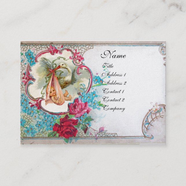 VERGESSEN MICH NOTS STORK BABY SHOWER 2 MONOGRAMM  VISITENKARTE (Vorderseite)