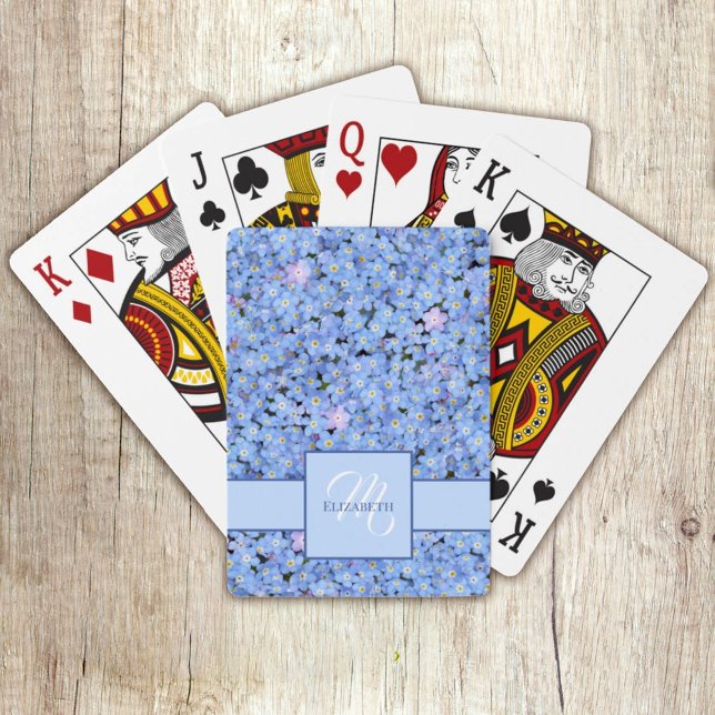 Vergessen Sie, dass ich keinen blauen Floral-Namen Spielkarten (Personalize this cute Forget Me Not blue floral design with the name and monogram template. )