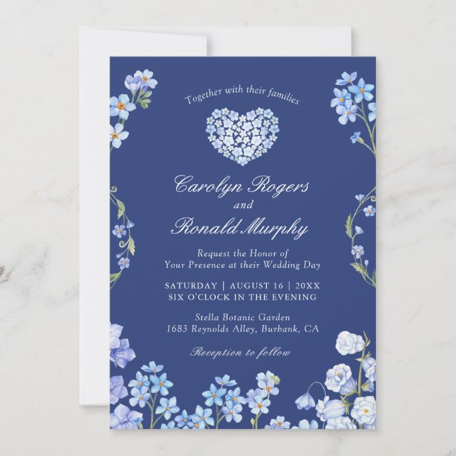Vergessen Sie Me Nots Heart Royal Blue Floral Wedd Einladung (Vorderseite)