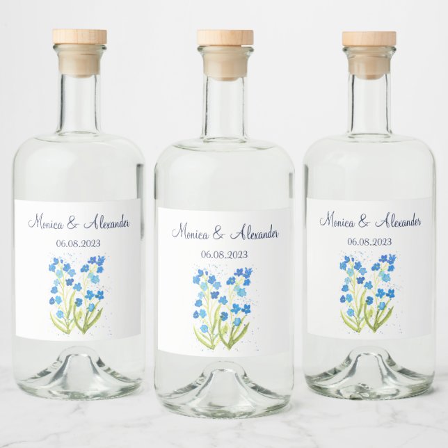 Vergessen Sie mir nicht Blue Floral Spring Wedding Alkoholflaschenetikett (Flaschen)