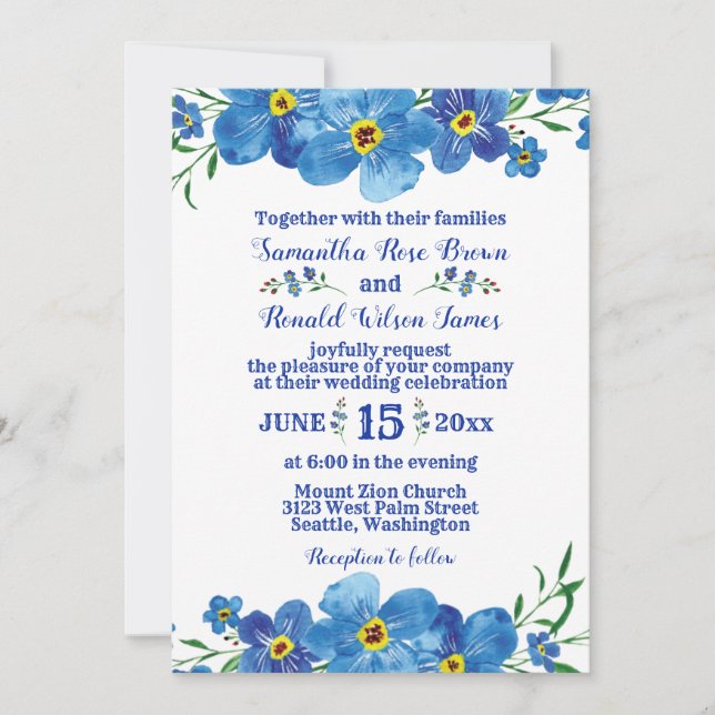 Vergessen Sie mir nicht Blue Floral Water Wedding  Einladung (Vorderseite)