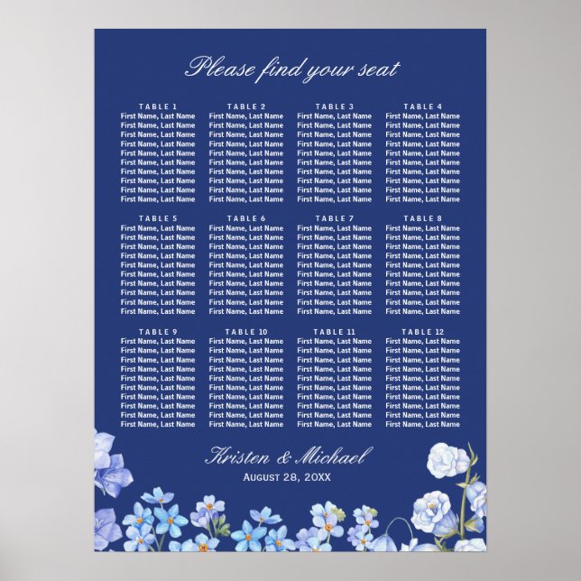 Vergessen Sie mir Nots Blue Floral Wedding Chart Poster (Vorne)