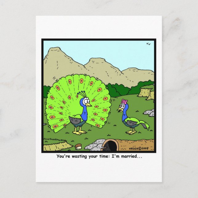 Vergeuden Sie Ihre Zeit: Pfau-Cartoon Postkarte (Vorderseite)