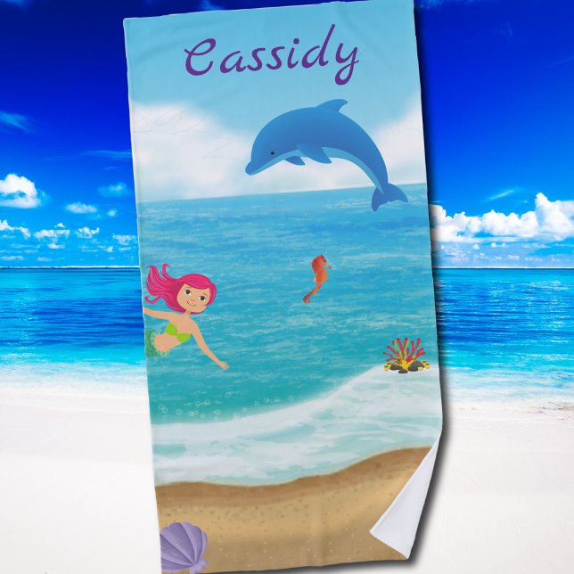 Vergnügen am Sonnenhüdchen Dolphin Beach Personali Strandtuch (Fun in the Sun Mermaid Dolphin Beach Personalized Beach Towel)