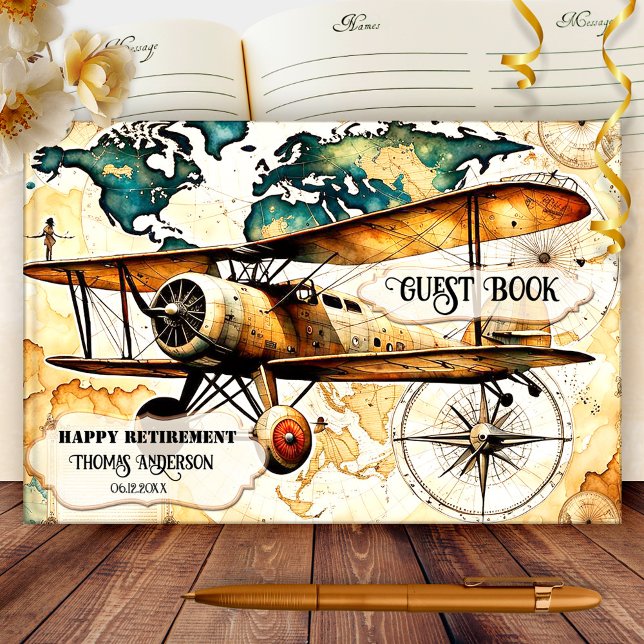 Vergnügen Vintager Flugzeugruhestand Gästebuch (Retirement travel guest book featuring a painting of a vintage airplane on a map with compass)
