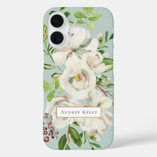 Vergoldete Blüten Custom Monogramm   Mint iPhone 16 Hülle