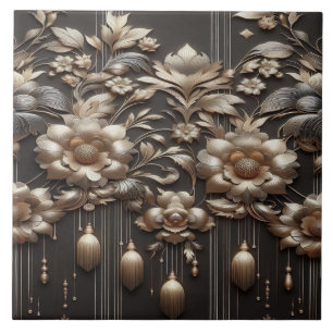 Vergoldete botanische Symphonie auf Charcoal Noir Fliese