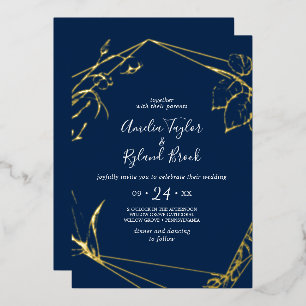 Vergoldete Floral Goldfolie Navy Vorder- und Rüc Folieneinladung