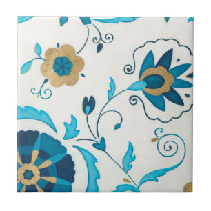 Vergoldete Indigo-Blumen mit weißem Hintergrund Fliese
