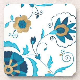 Vergoldete Indigo-Blumen mit weißem Hintergrund Getränkeuntersetzer